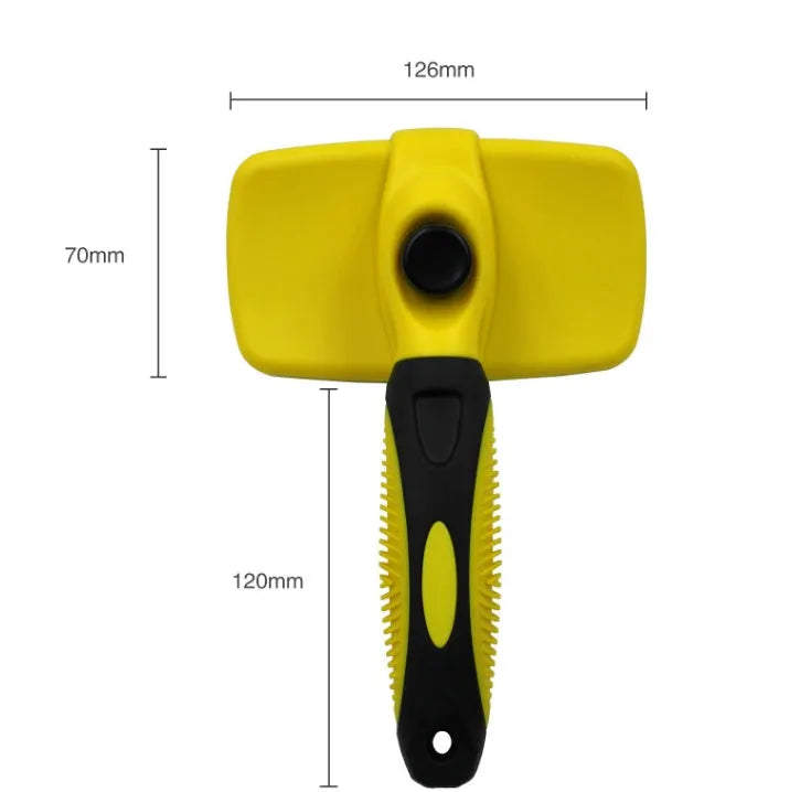 Pet self-cleaning slicker brush with stainless steel needles, green handle, on white background