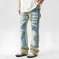 Yellow and blue retro patchwork jeans with splash-ink damaged design, mid waist and straight leg