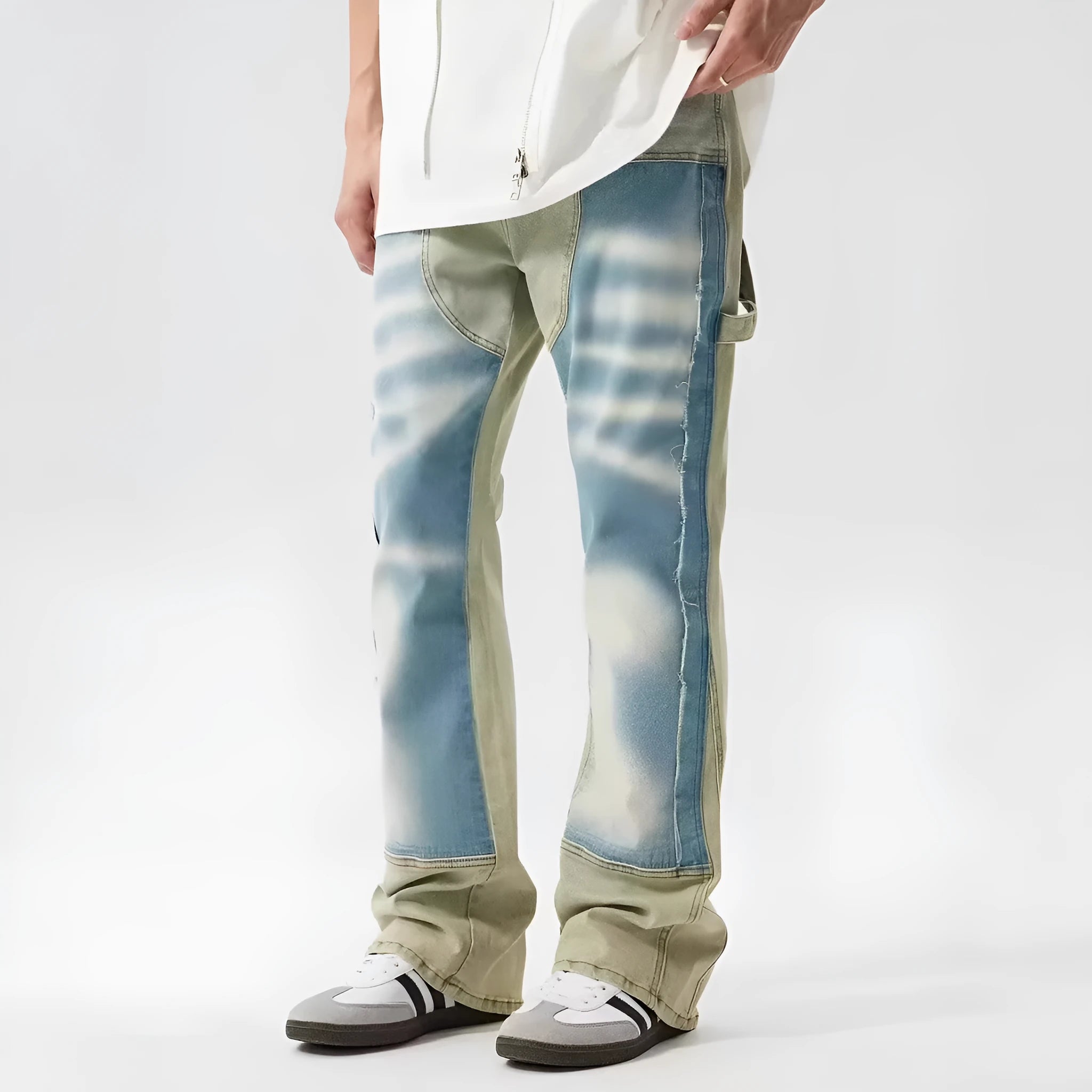 Yellow and blue retro patchwork jeans with splash-ink damaged design, mid waist and straight leg