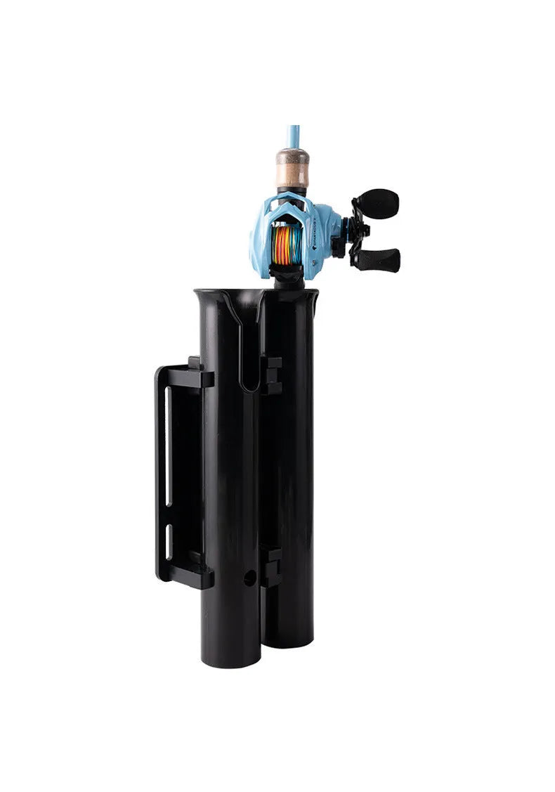 Plastic fishing rod rack with double-layer frame for mounting to bicycle or motorcycle handlebars.
