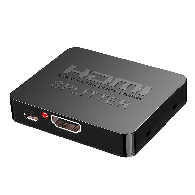4K HDMI splitter distributing signal to two displays with USB charging cable included