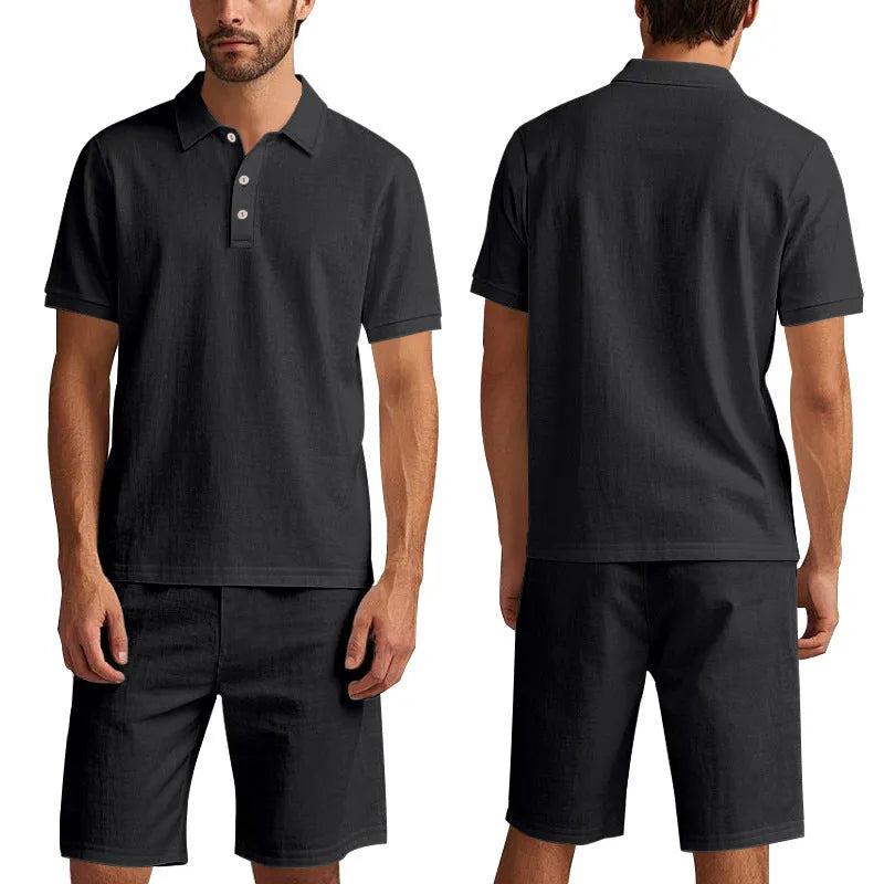 Men's loose-fit linen blend shorts suit in light blue for summer, showing short-sleeve shirt and matching shorts.