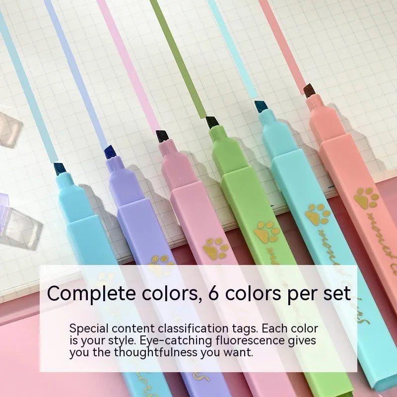 Box of six cat's paw shaped fluorescent marking pens in assorted colours with oblique nibs.