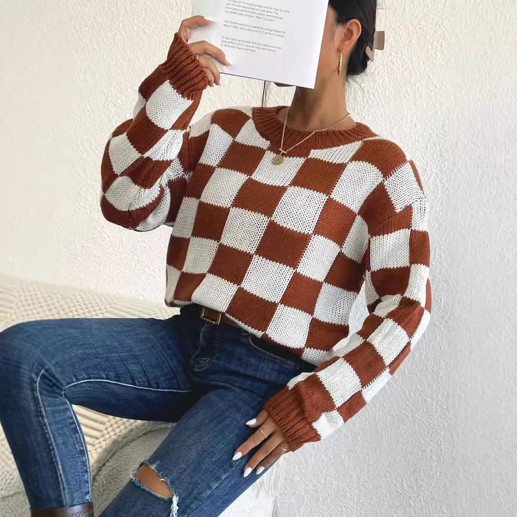 Dark brown plaid pattern acrylic pullover sweater with round neck and long sleeves