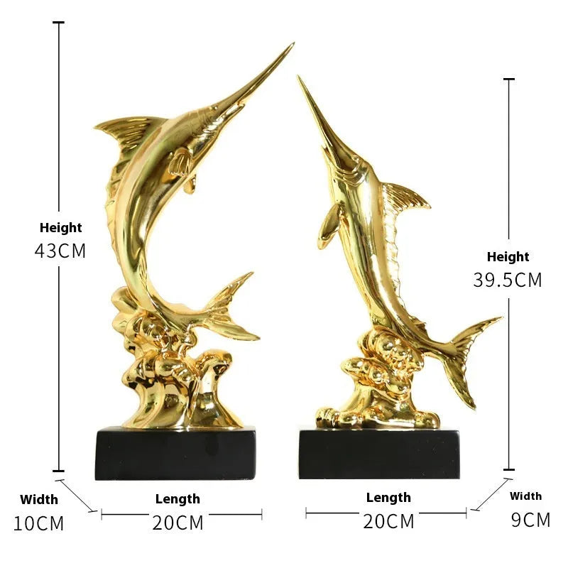 European stylised swordfish resin and plastic decorative ornament on a shelf.