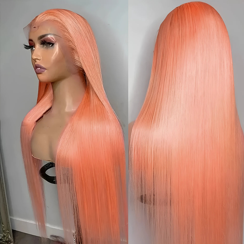 Light orange long straight front lace synthetic wig on a wig stand, showing side bangs.