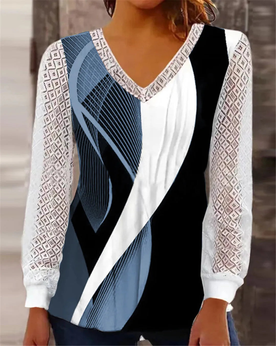 Purple loose V-neck top with hollow-out lace print and long sleeves