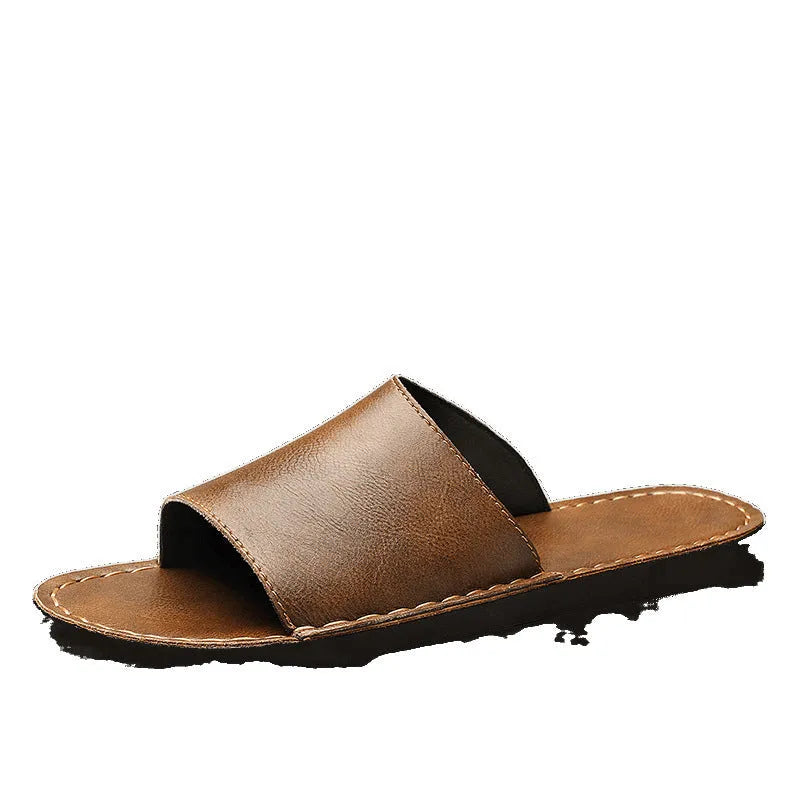 Men's brown leather sandals with adjustable straps and a flat rubber sole on a plain background.