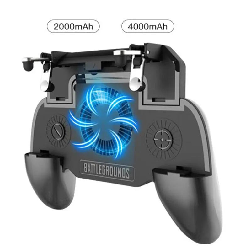 Black USB mobile game controller for smartphones with aluminium alloy accents and action buttons.