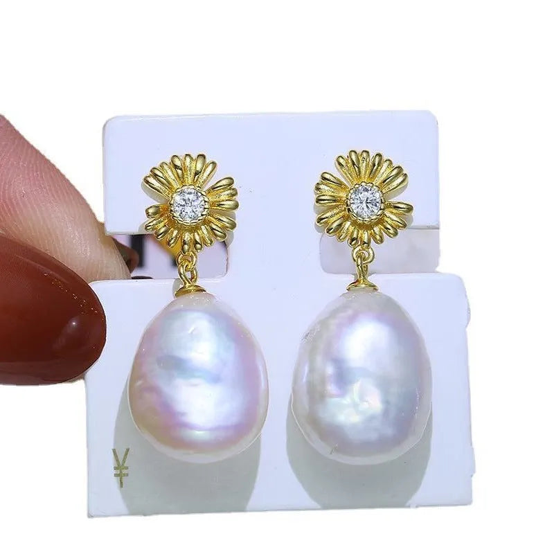 S925 sterling silver baroque flower earrings with adjustable ring holder in silver or gold colour
