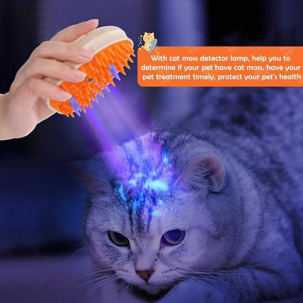 Yellow 4-in-1 cat steam brush with vibration massage, water spray, and ringworm detector measuring 110x65x50mm