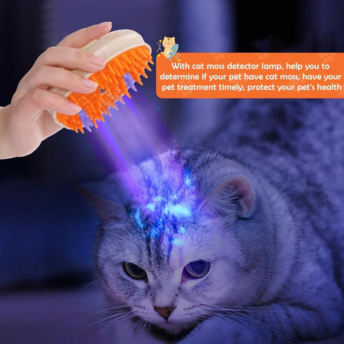 Yellow 4-in-1 cat steam brush with vibration massage, water spray, and ringworm detector measuring 110x65x50mm