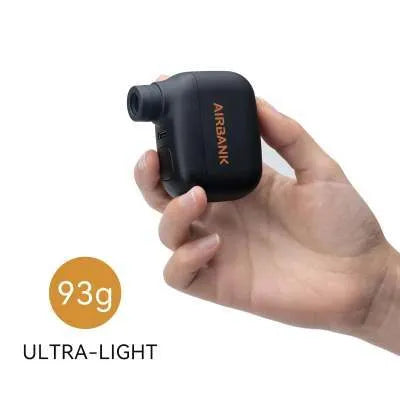 Black AS100 mini electric bike pump with USB charging cable and waterproof storage bag