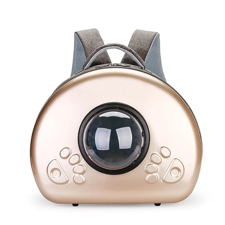 Transparent PC canvas cat carrier bag in space capsule shape with rose gold front cover.