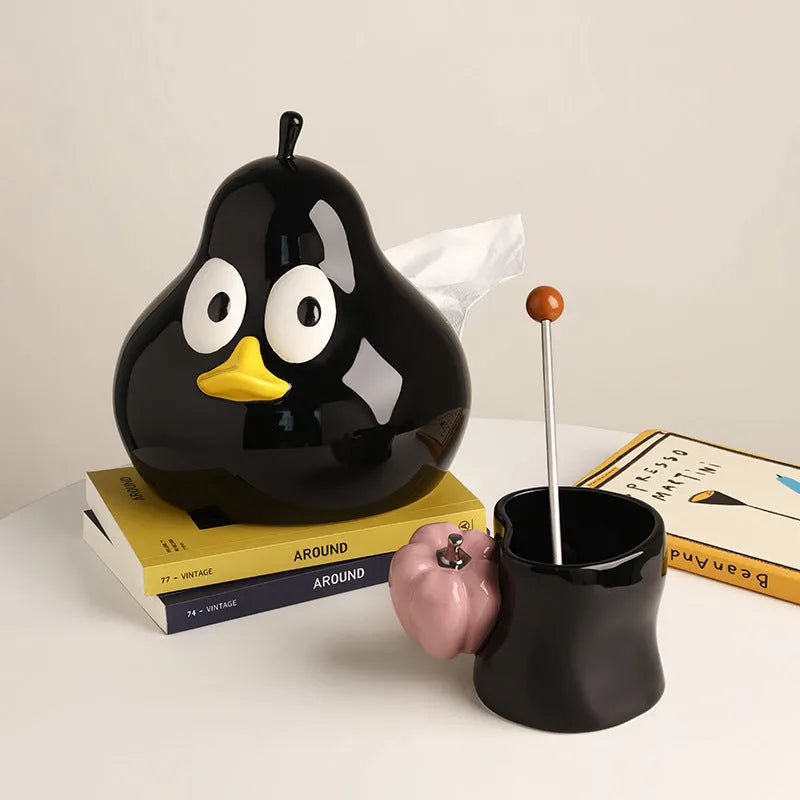 White ceramic pear-shaped tissue box holder with cute animal design in green glaze finish