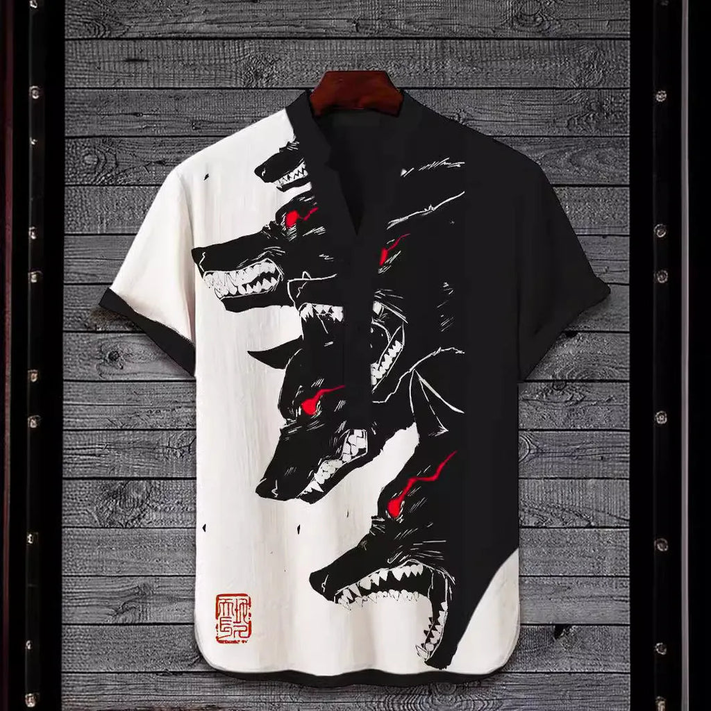 Man wearing a short sleeve shirt with a colourful 3D digital animal print design on the front.