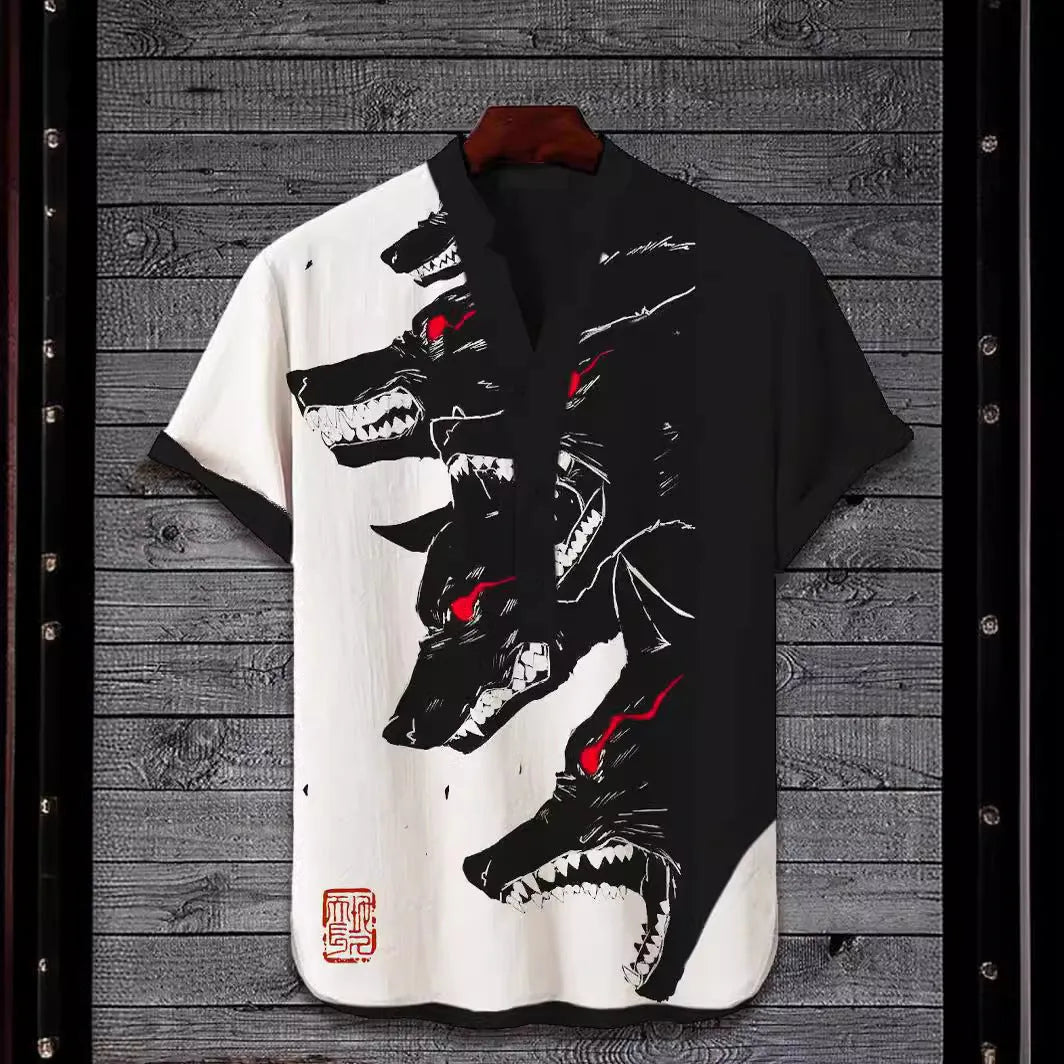 Man wearing a short sleeve shirt with a colourful 3D digital animal print design on the front.