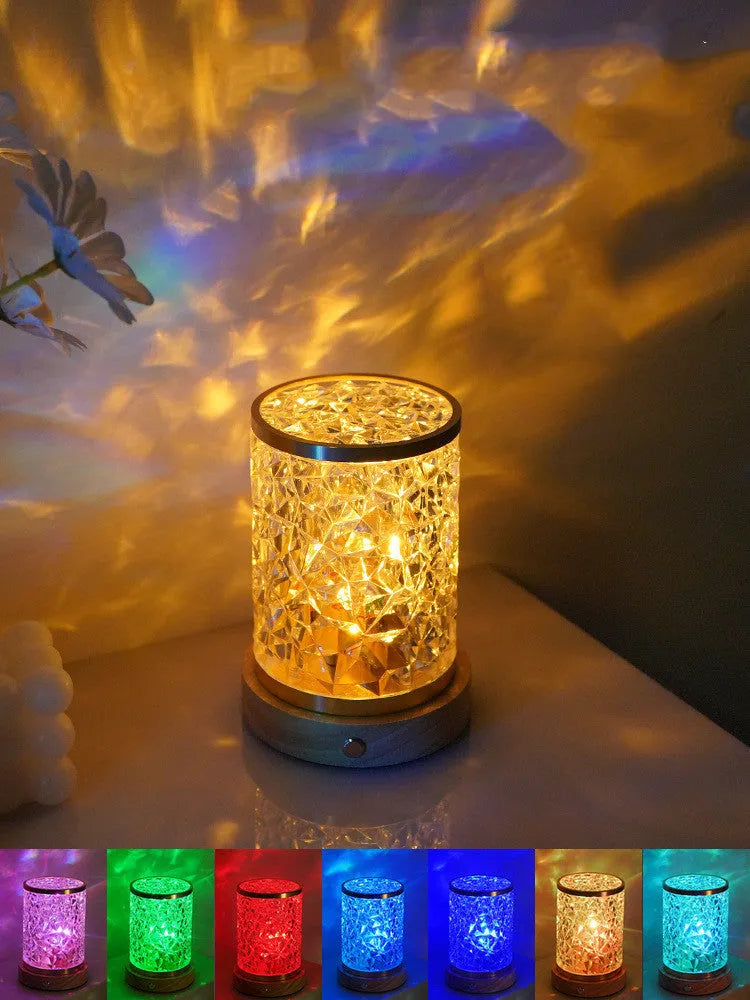 Rotating water ripple night light with wooden base showing dimensions of 9.5x14.5x10.5cm