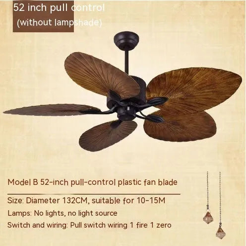 52-inch retro style ceiling fan light with wooden blades and integrated three-light fixture