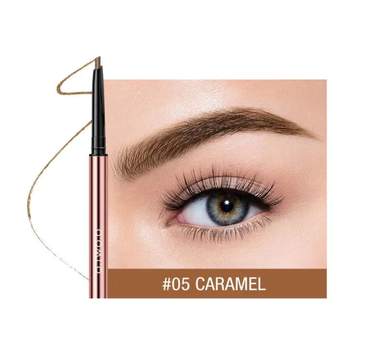 Triangular eyebrow pencil in plastic case with six shade options including blonde, taupe and dark brown