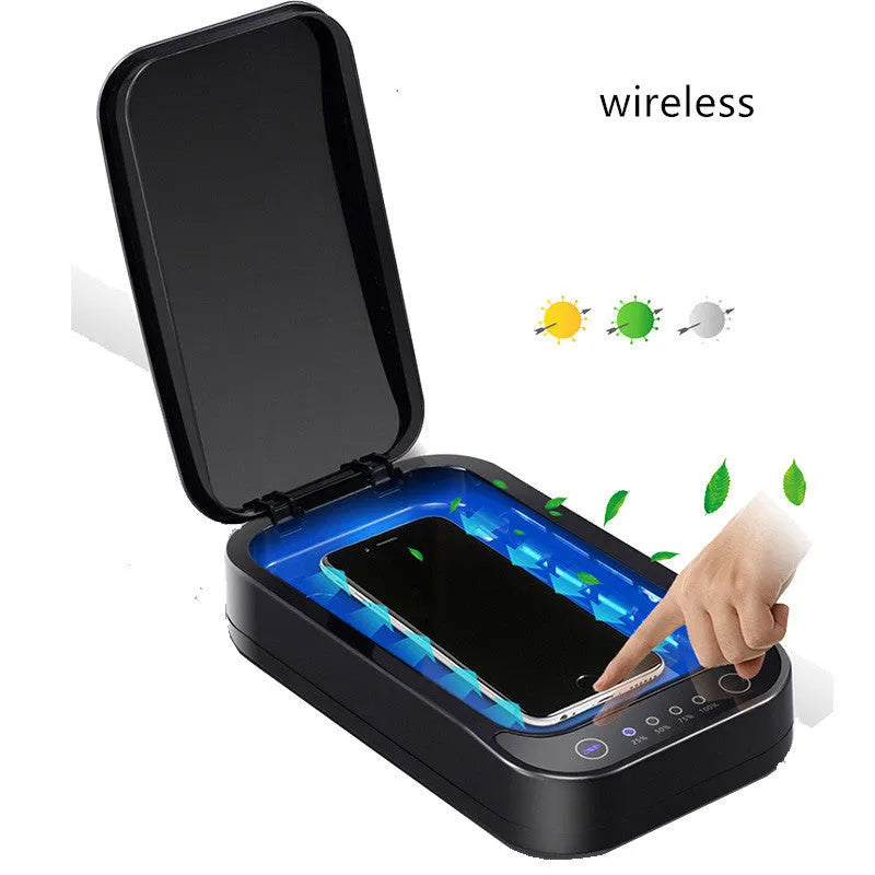 Blue and white portable ultraviolet disinfection box for mobile phones.