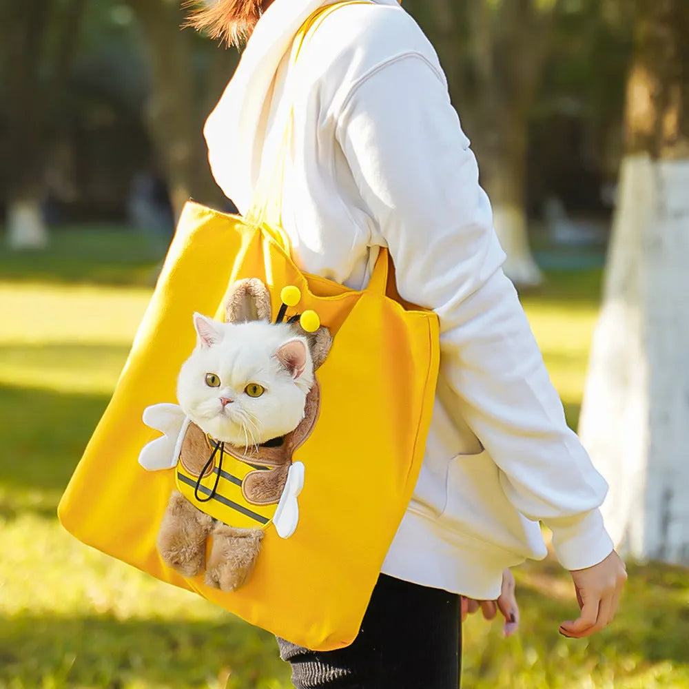 Canvas pet carrier shoulder bag with cartoon pattern for cats and small dogs