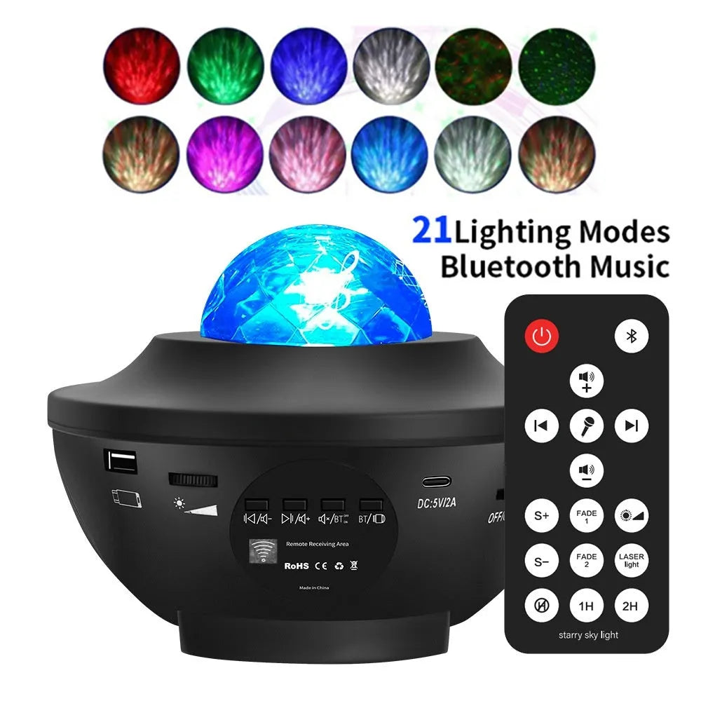Black bowl-shaped star projection lamp with laser effects and Bluetooth connectivity on wooden desk