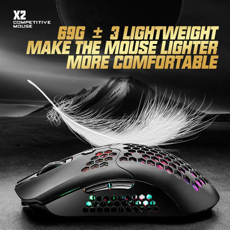 Free Wolf X2 wireless gaming mouse with RGB lighting shown in black, green, pink, white, and yellow colour variants.