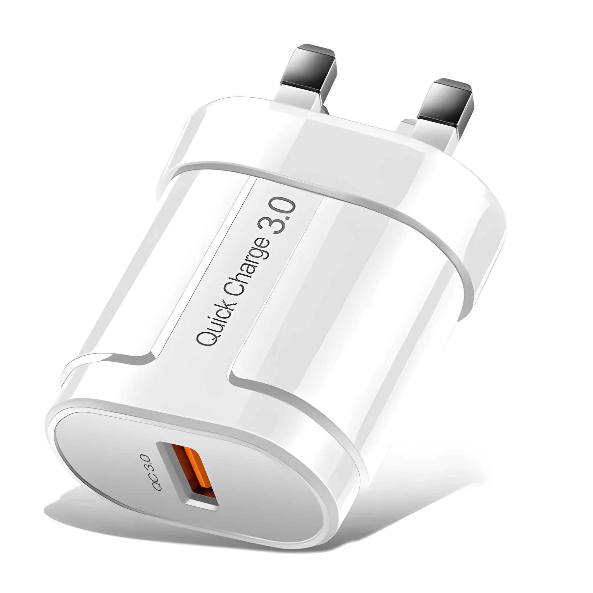 Compact white mobile phone charger with a UK plug on a white background.