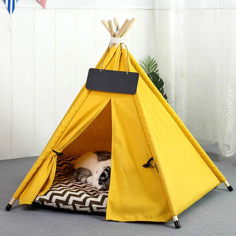 Striped flax linen pet teepee tent with cushion for small dogs or cats indoors