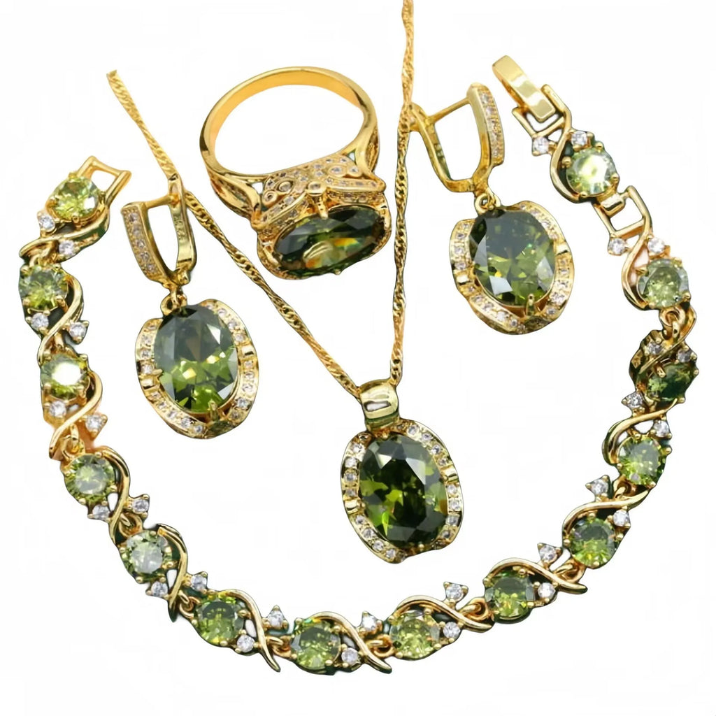 Women's full rhinestone zircon jewellery set showing necklace with snake bone chain, earrings, and ring in copper with electroplated finish