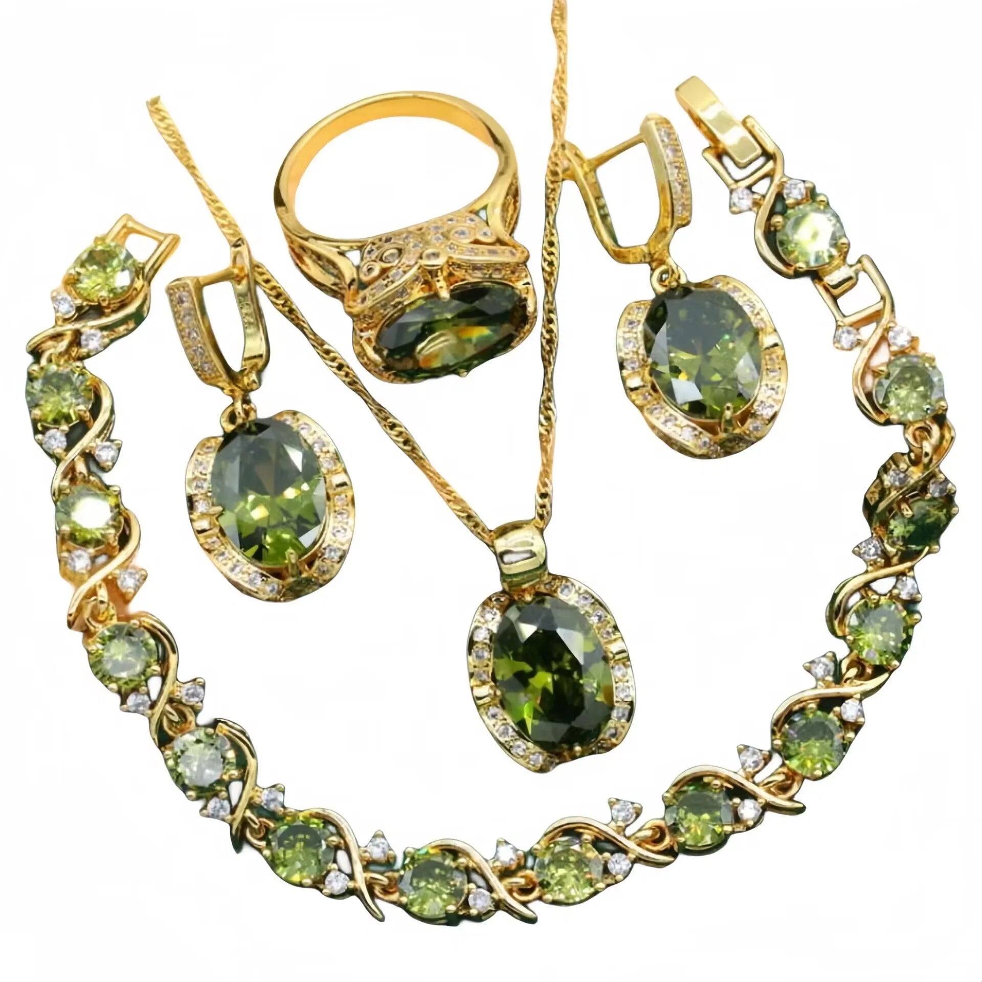 Women's full rhinestone zircon jewellery set showing necklace with snake bone chain, earrings, and ring in copper with electroplated finish