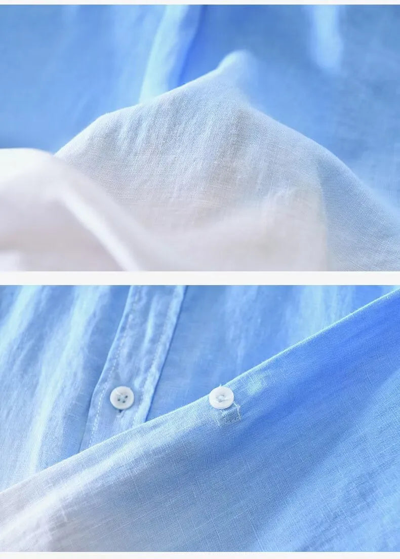Men's loose fit casual top coat in hemp polyester blend available in dark blue, light blue, yellow.