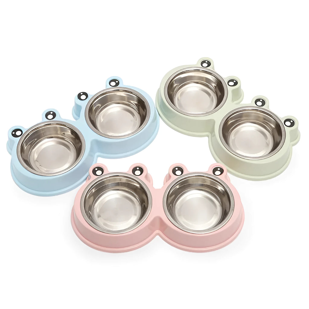 Stainless steel pet double bowl with frog water reservoir in blue, green or pink colours
