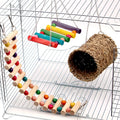 3 piece small pet toy set with natural wood swing, climbing ladder, and cotton grass bed with colourful beads