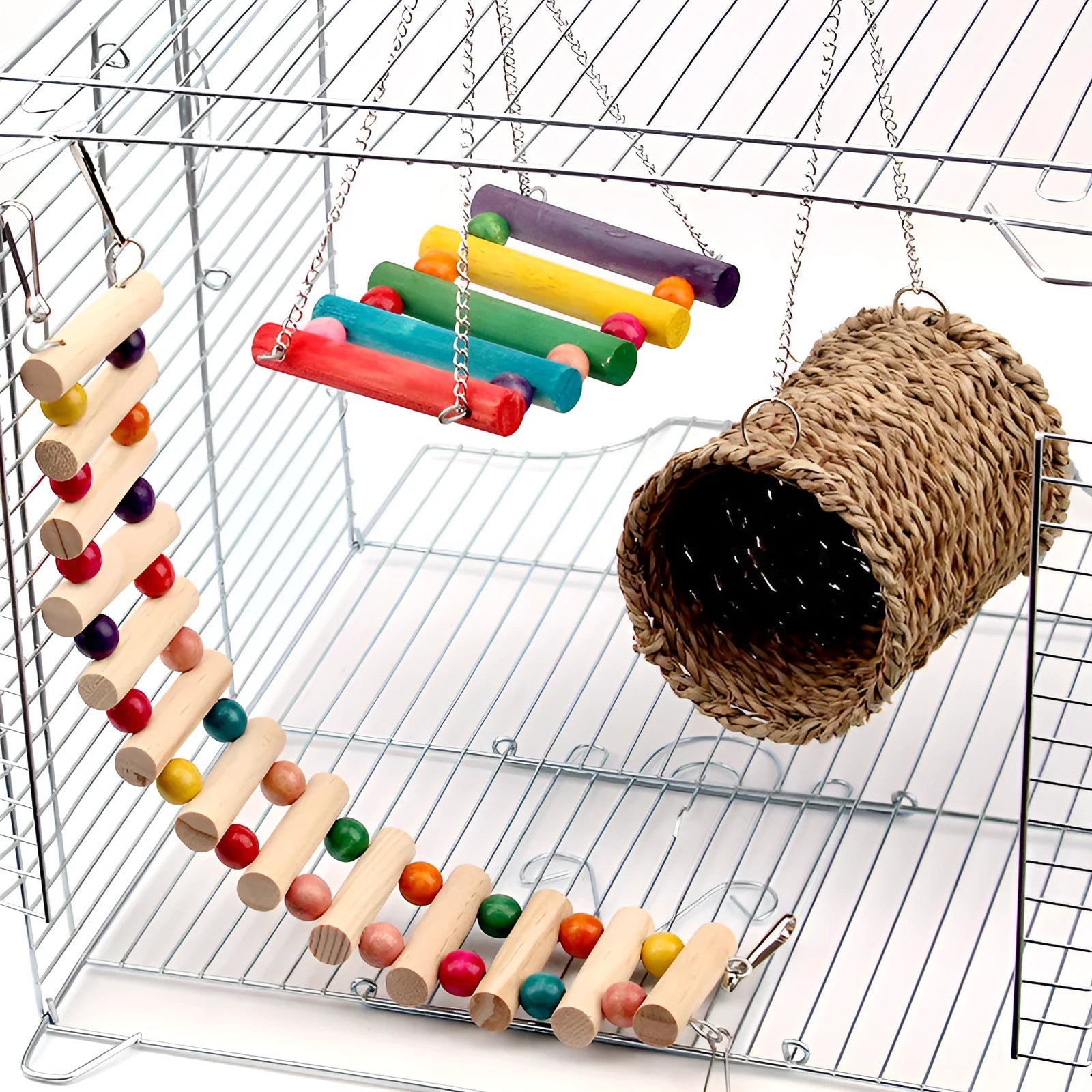 3 piece small pet toy set with natural wood swing, climbing ladder, and cotton grass bed with colourful beads