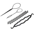 Set of three plastic hair styling tools: double hook needle, French braiding tool, and two pull hair needles on black background