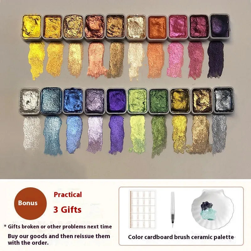 Traditional Chinese painting watercolour set with tubes of red gold, white gold, and pearlescent colours in warm and cold palettes.