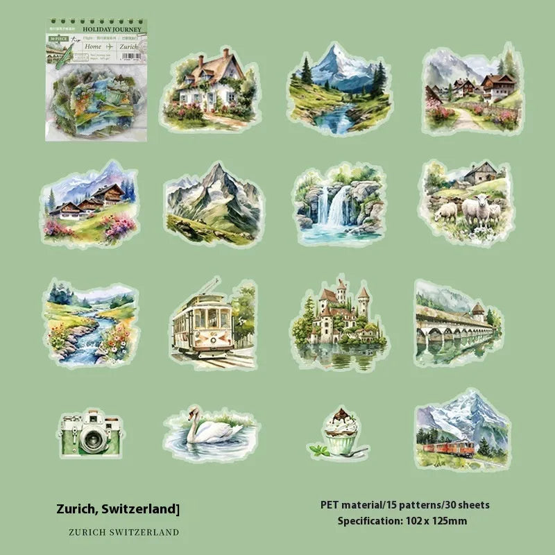 Holiday Journey Series architecture journal stickers showing six retro landmark designs