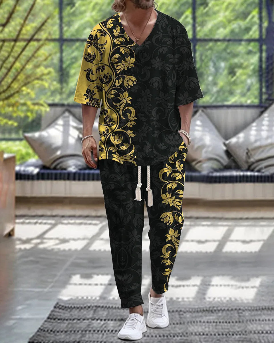Cropped sleeves V-neck trousers suit in thin polyester two-piece set