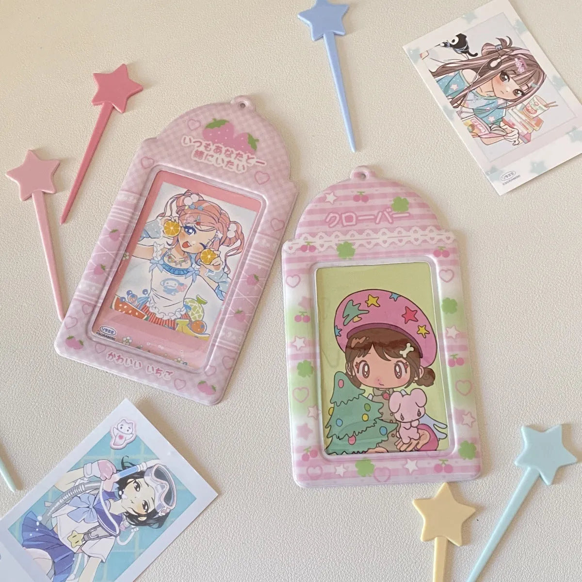 Cartoon PVC meal card holder in strawberry or four-leaf clover design measuring 7.6 by 13.6 cm