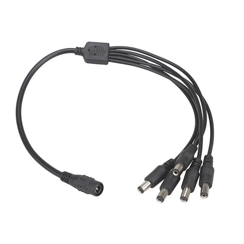 Black 12V DC 1-to-4 power splitter cable with five 5.5mm connectors for monitoring systems