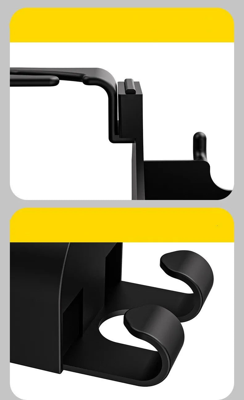 Black plastic car seat back hook organiser with cup holder and hanging hooks