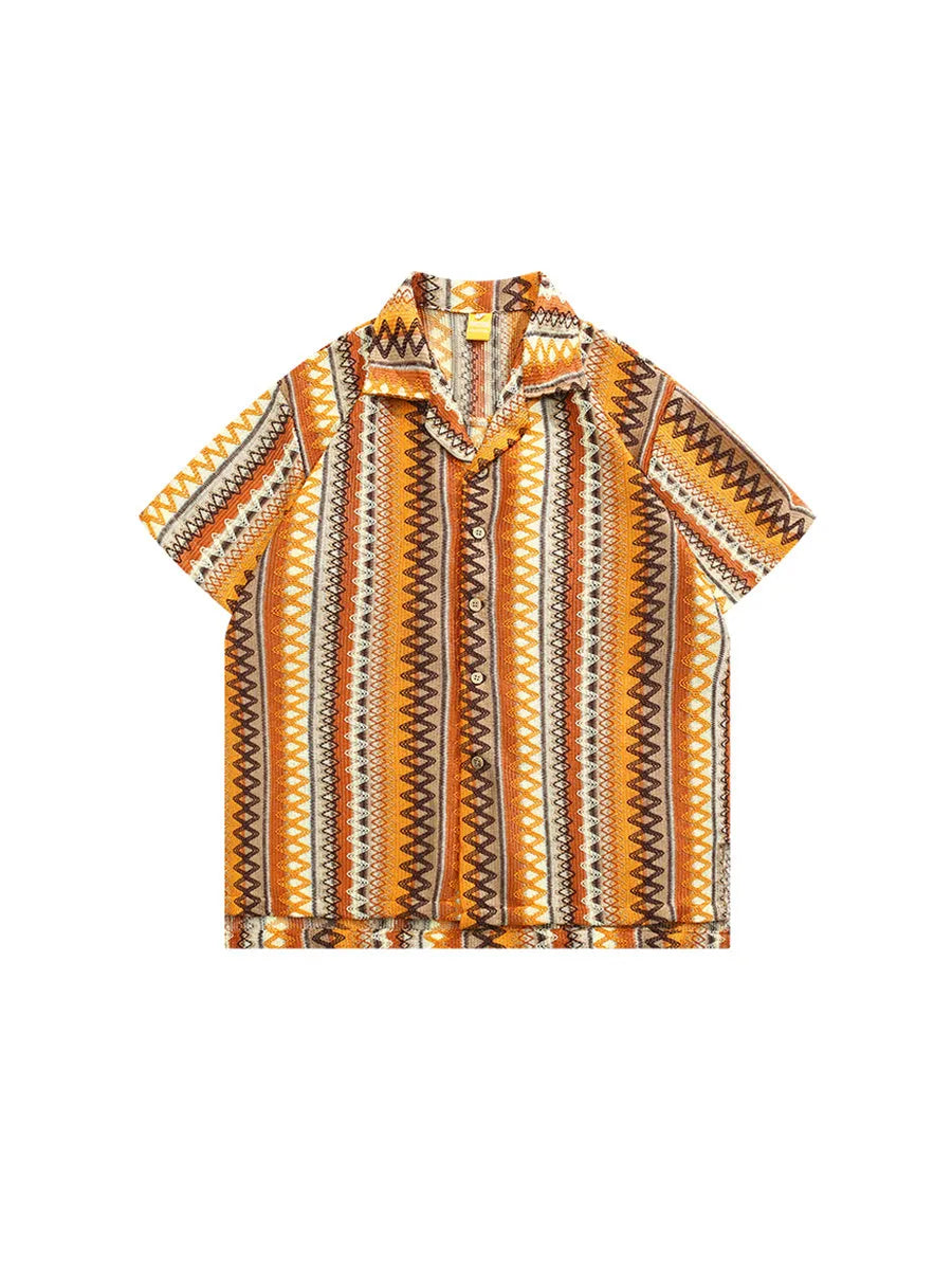 Ethnic style woven Cuban collar shirt with colour contrast and drop-shoulder sleeves