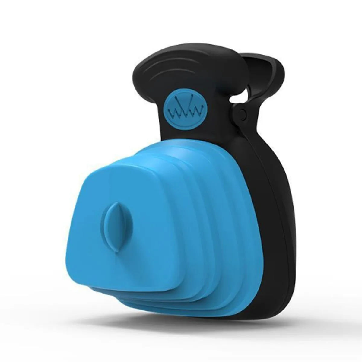 Blue handheld dog pooper scooper with clip and bag dispenser on a green background.