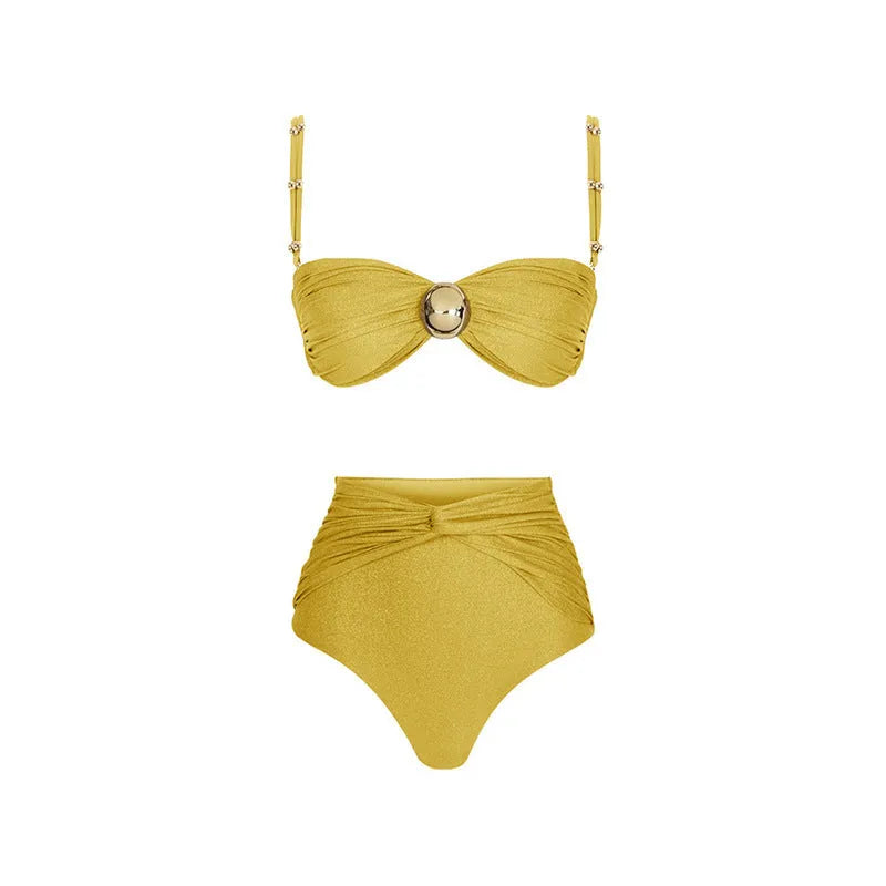 Women's yellow high-waist bikini two-piece swimsuit with a matching skirt laid flat.