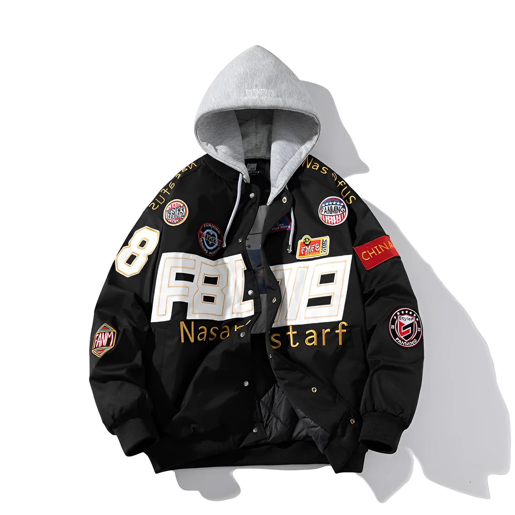 Black blue red American motorcycle baseball uniform with hooded detachable cotton padded options