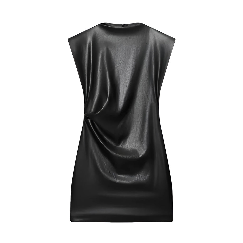 Black women's faux leather padded shoulder short dress with asymmetric hem and hooded design