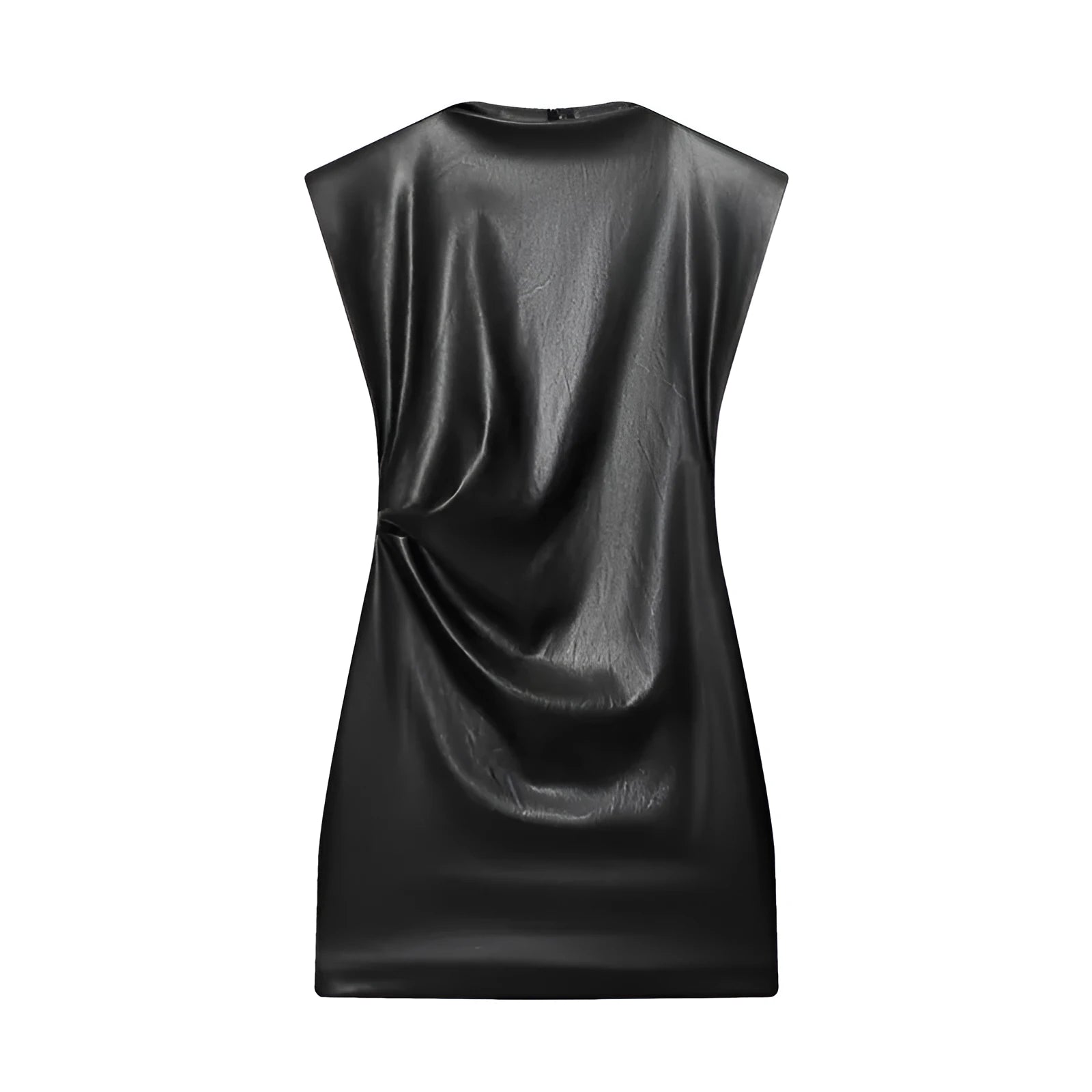Black women's faux leather padded shoulder short dress with asymmetric hem and hooded design