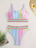 Women's striped bikini top and briefs set for swimming sports